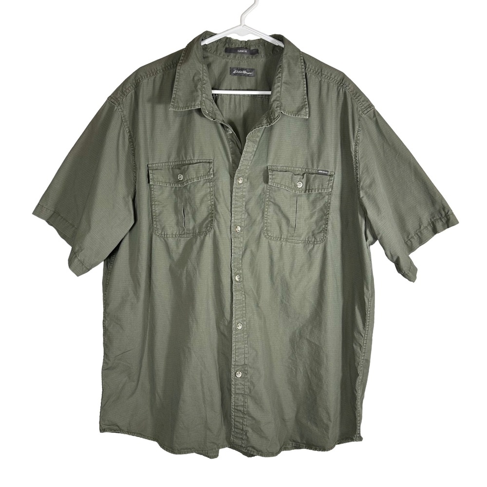 Eddie Bauer Mens Olive Green Ripstop Short Sleeve Button Down Utility Shirt 2XL - Picture 2 of 8